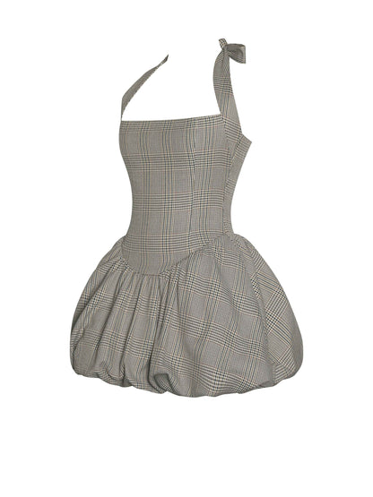 Dacia Plaid Halter Lace-up Bubble Mini Dress