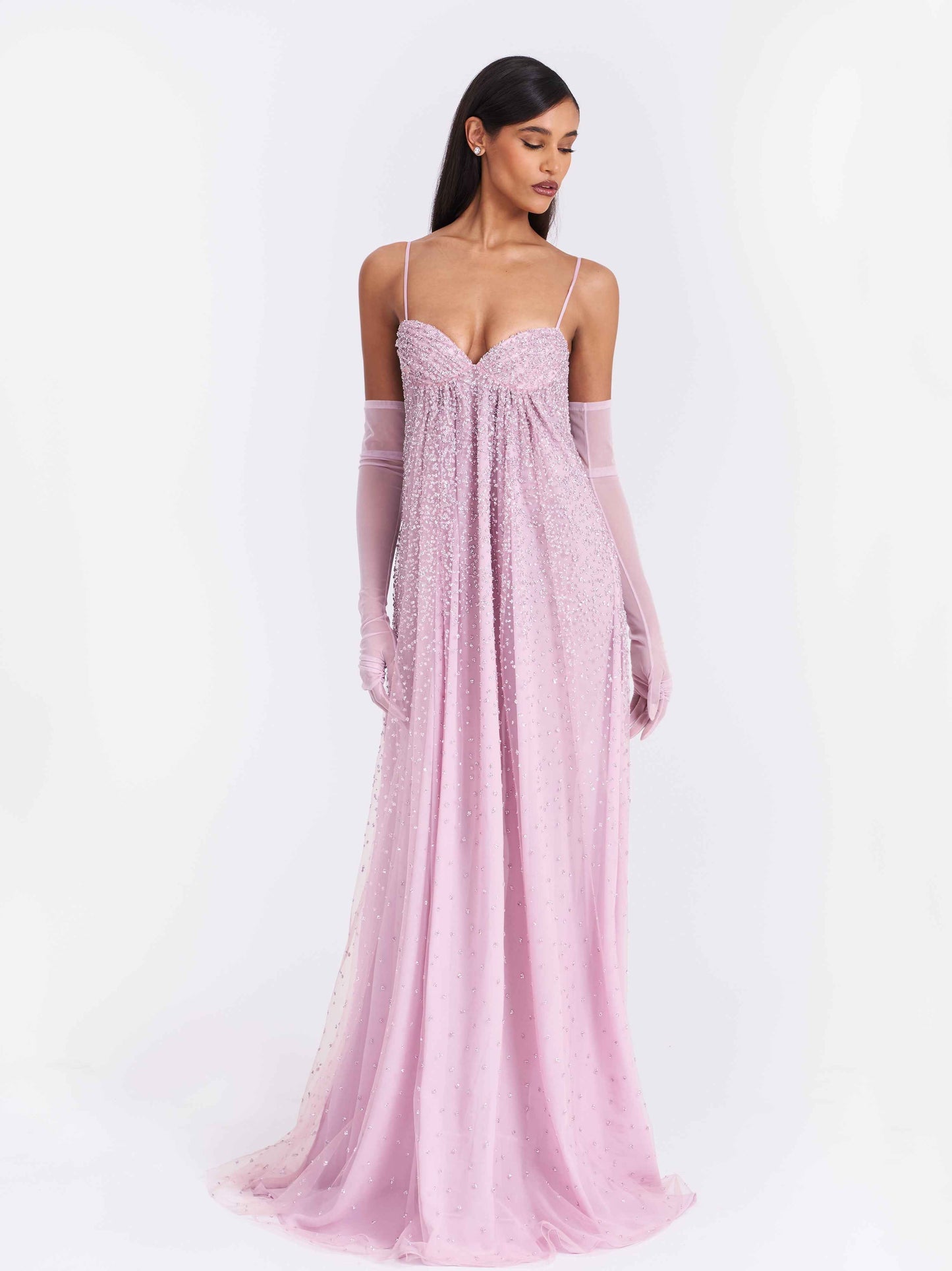 Wallie Pink Rhinestone Embellished Mesh Backless Gown