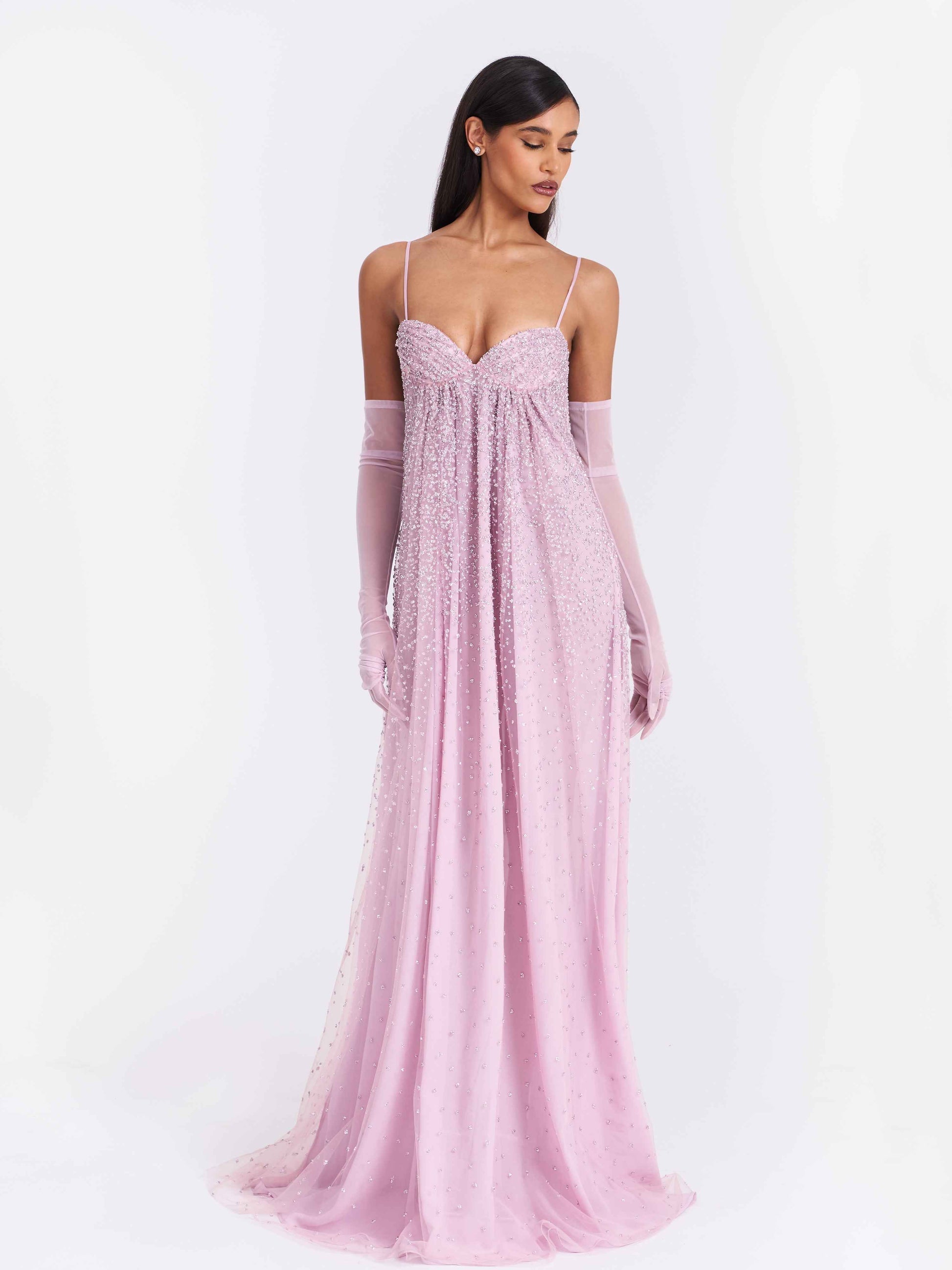 Wallie Pink Rhinestone Embellished Mesh Backless Gown