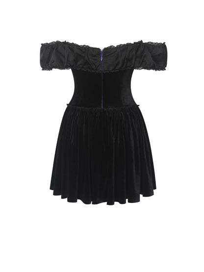 Daisha Black Lace Trimmed Off-Shoulder Ruched Mini Dress