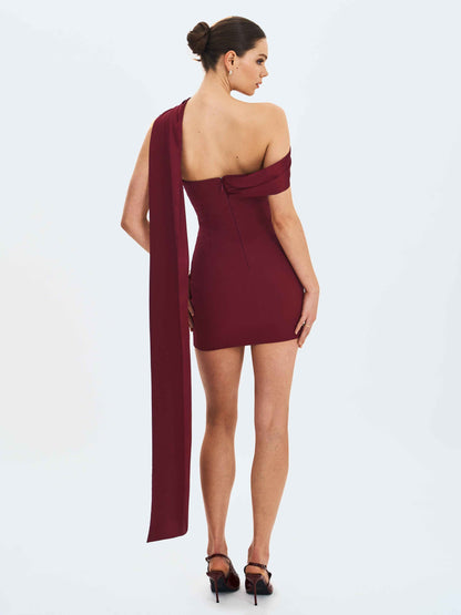 Ovelia Crimson Satin Ribbon Strapless Mini Dress
