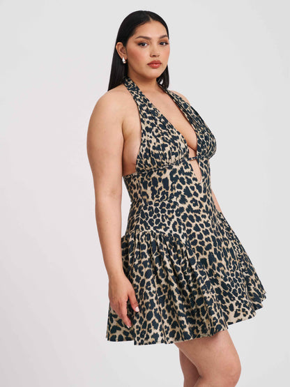 Mackenzie Cheetah Print Halter Linen Mini Dress