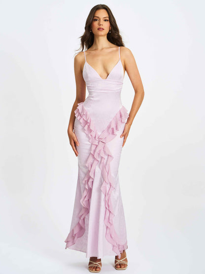 Paolina Taro Pink Jacquard Ruffle Mermaid Maxi Dress