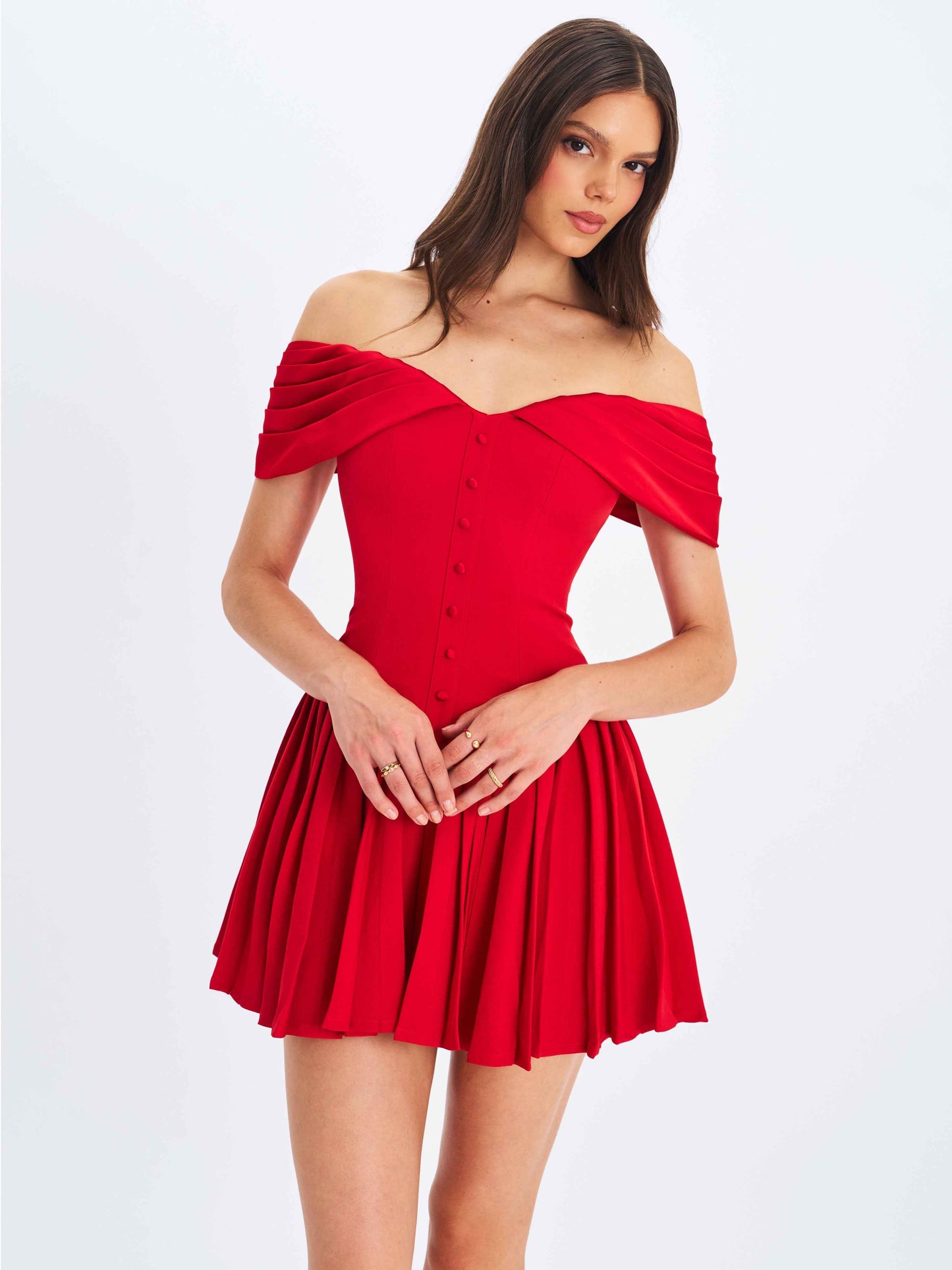 Narelle Crimson Off-Shoulder Sweetheart Drop Waist Mini Dress
