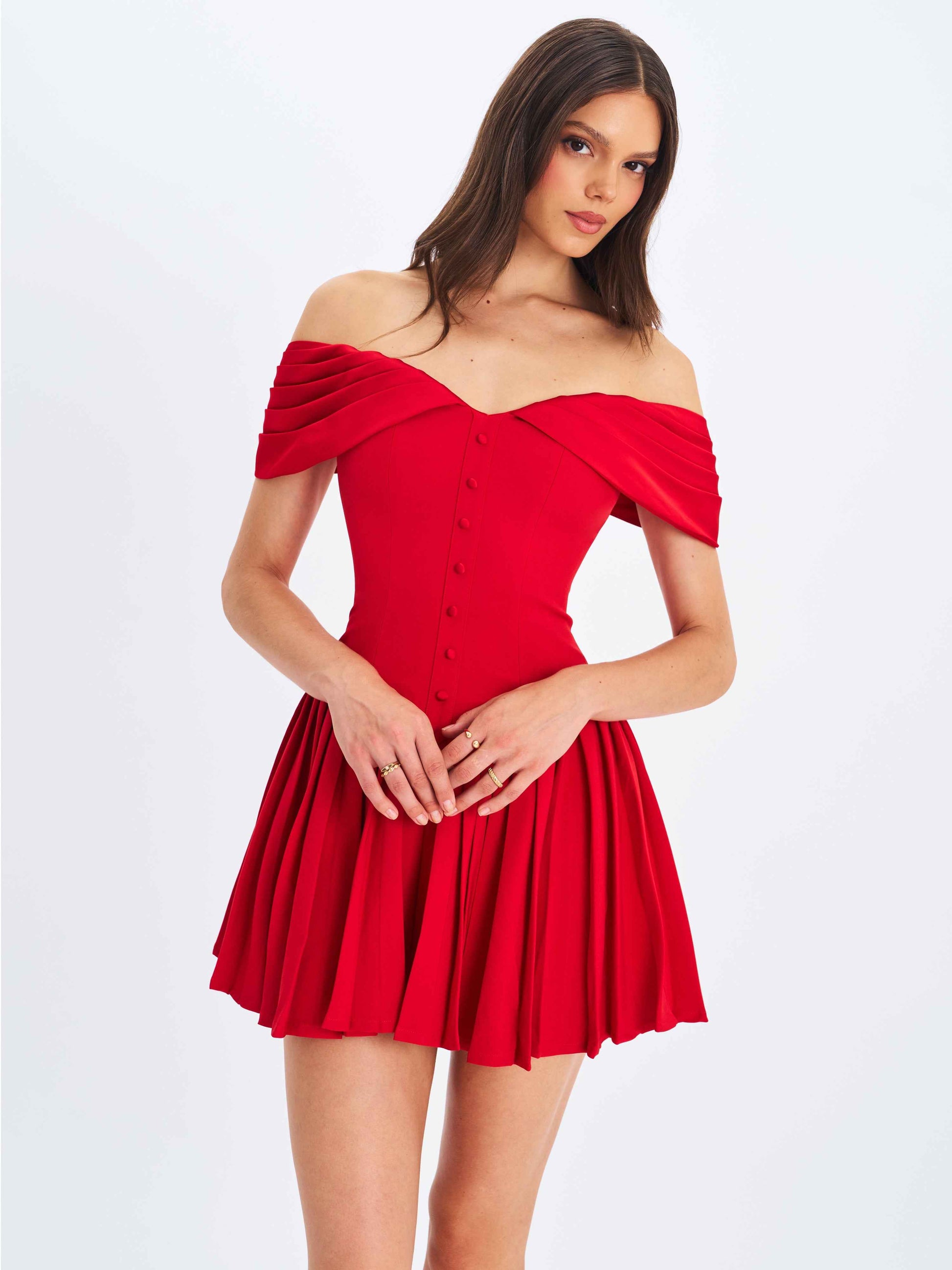 Narelle Crimson Off-Shoulder Sweetheart Drop Waist Mini Dress