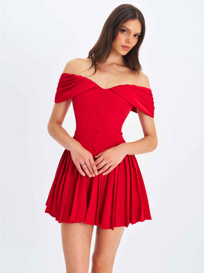 Narelle Crimson Off-Shoulder Sweetheart Drop Waist Mini Dress