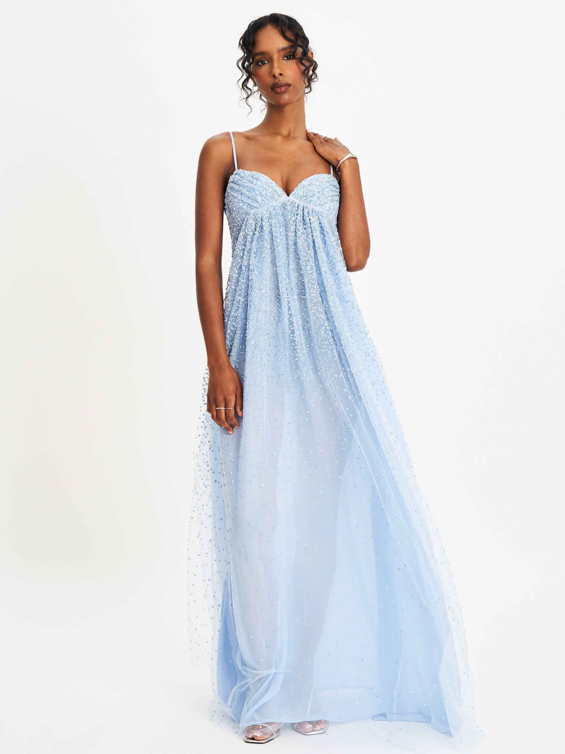 Wallie Baby Blue Rhinestone Embellished Mesh Backless Gown