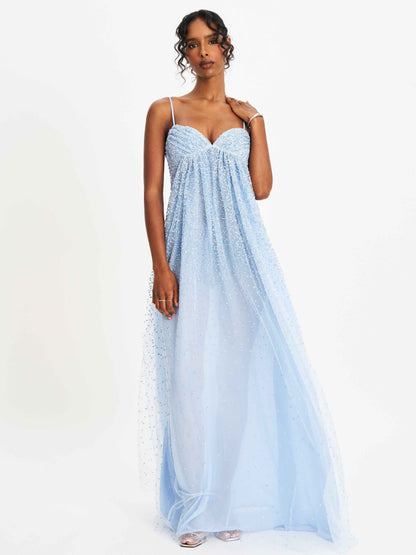 Wallie Baby Blue Rhinestone Embellished Mesh Backless Gown