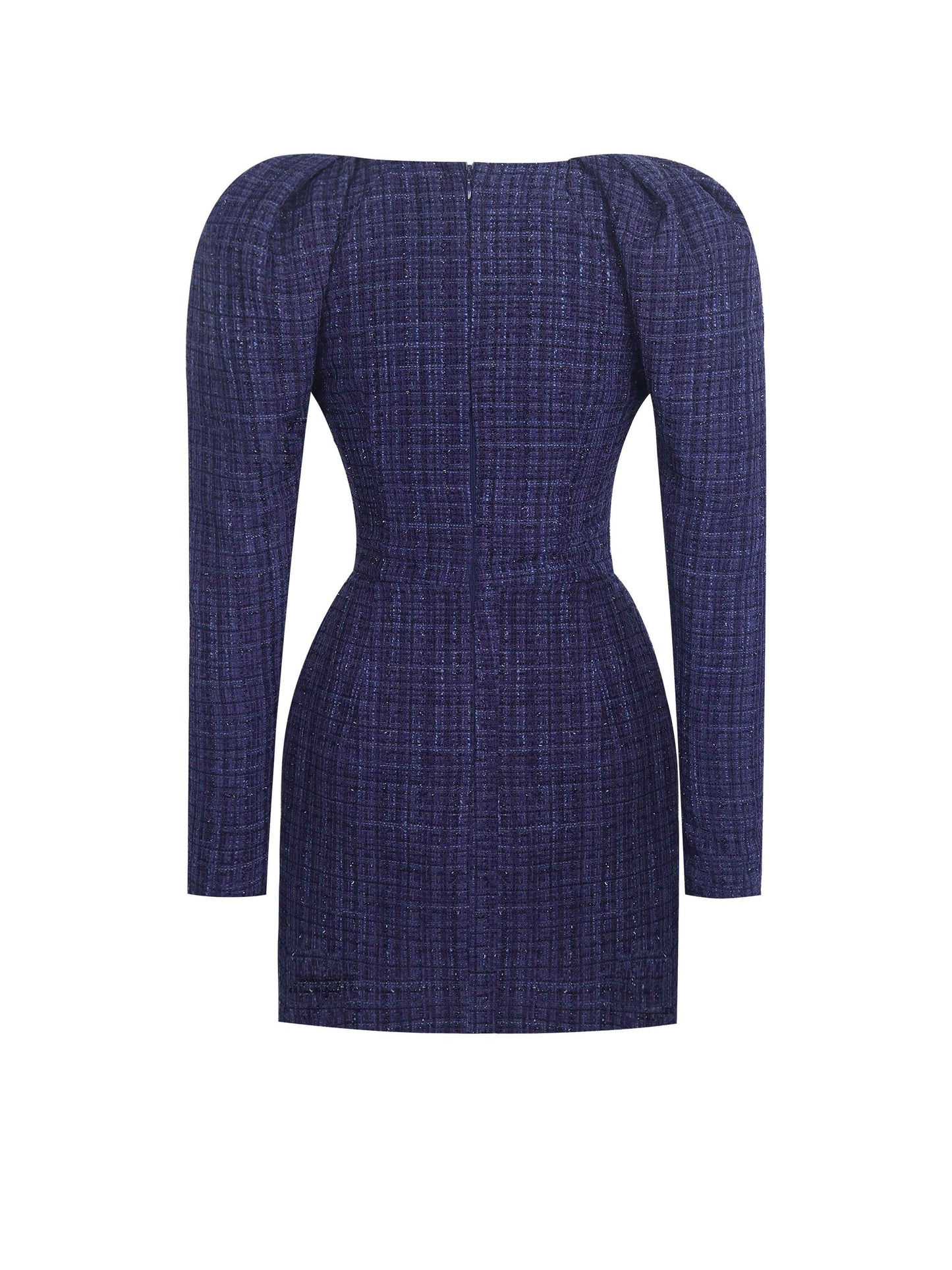 Denise Navy Tweed Ruched Puff Sleeve Mini Dress