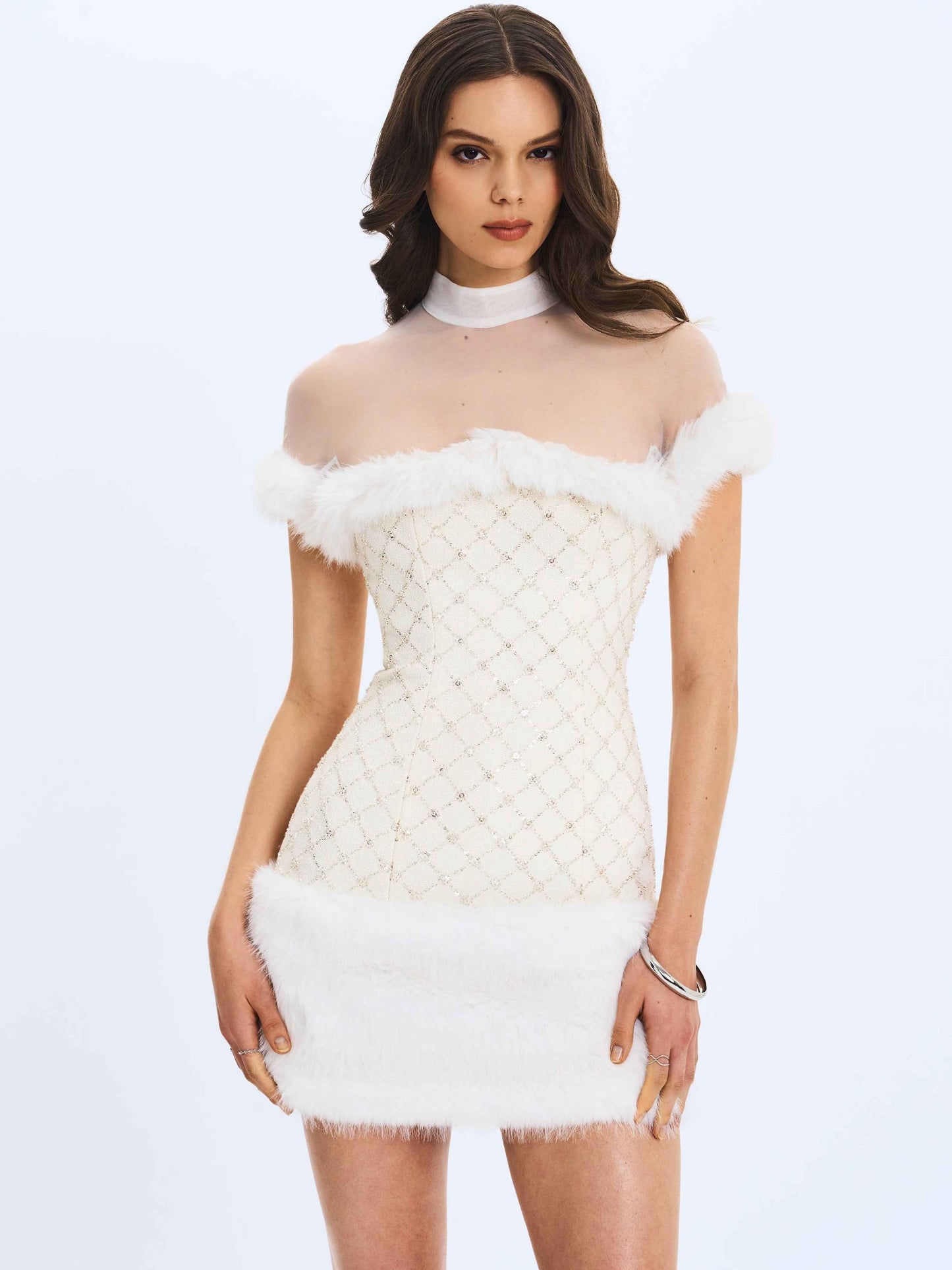 Taylor Ivory Fur Trimmed Beaded Bouclé Mini Dress