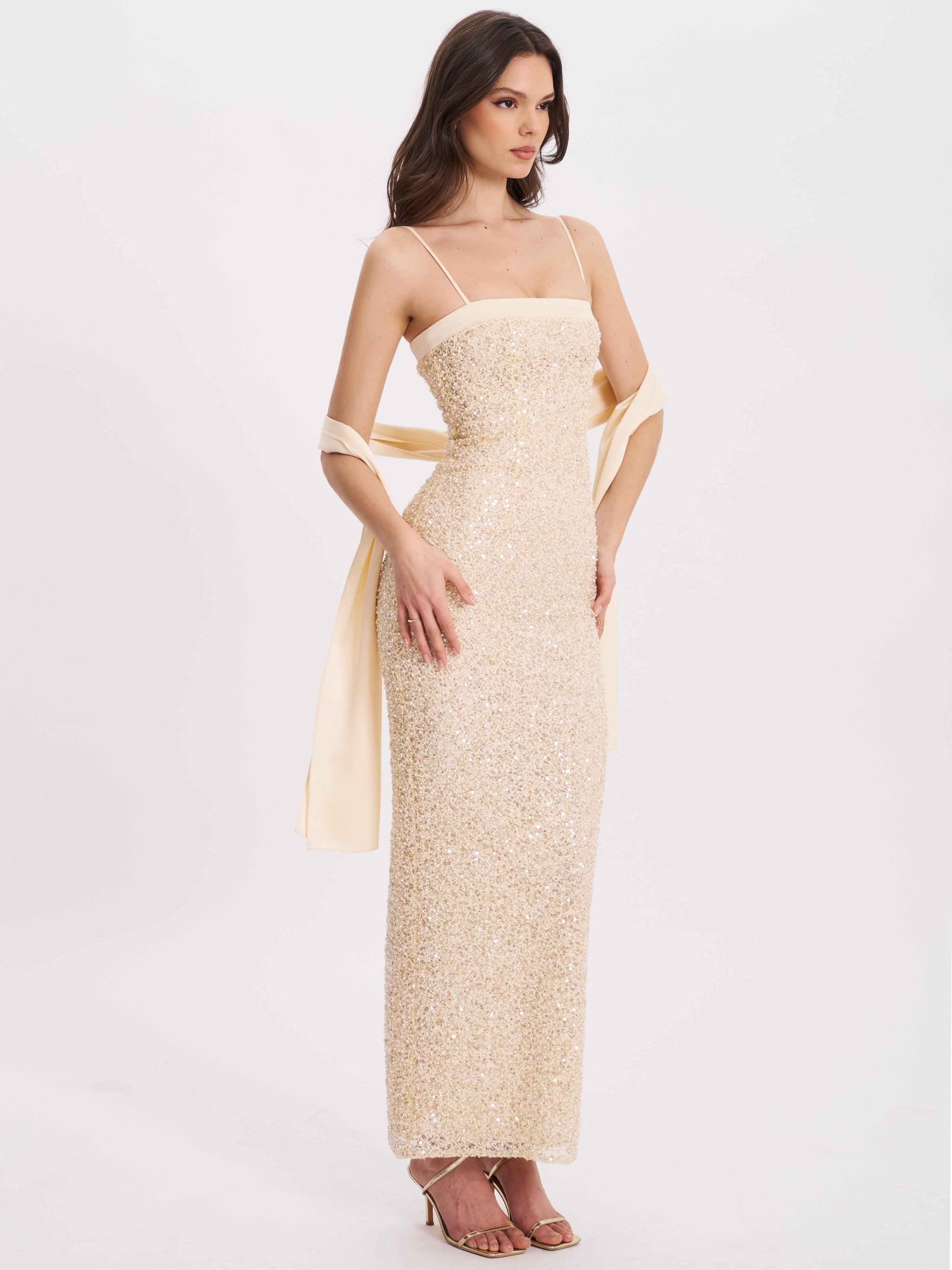 Raizel Gold Beaded Sequin Bodycon Gown with Scarf