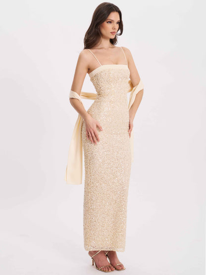 Raizel Gold Beaded Sequin Bodycon Gown with Scarf