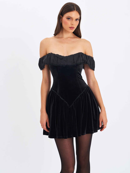 Daisha Black Lace Trimmed Off-Shoulder Ruched Mini Dress
