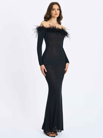 Emberly Black Fur Trimmed Off-Shoulder Rhinestone Mermaid Maxi Dress