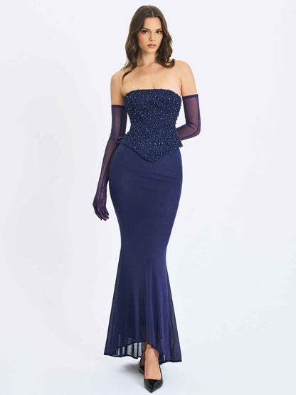 Orabelle Navy Beaded Peplum Mermaid Maxi Gown with Lace-up Back