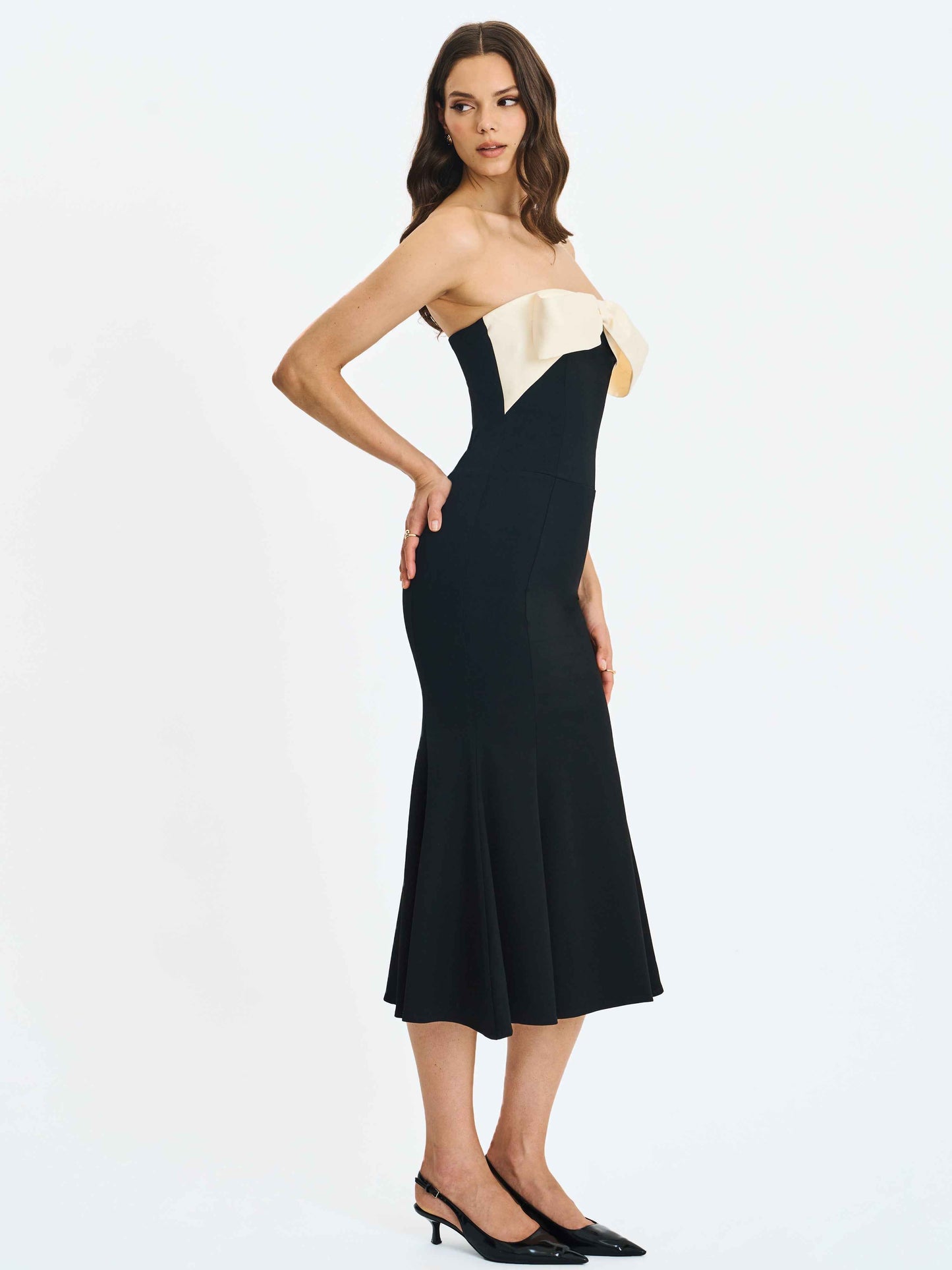 Saige Black Mermaid Midi Dress with Ivory Bow Bustline
