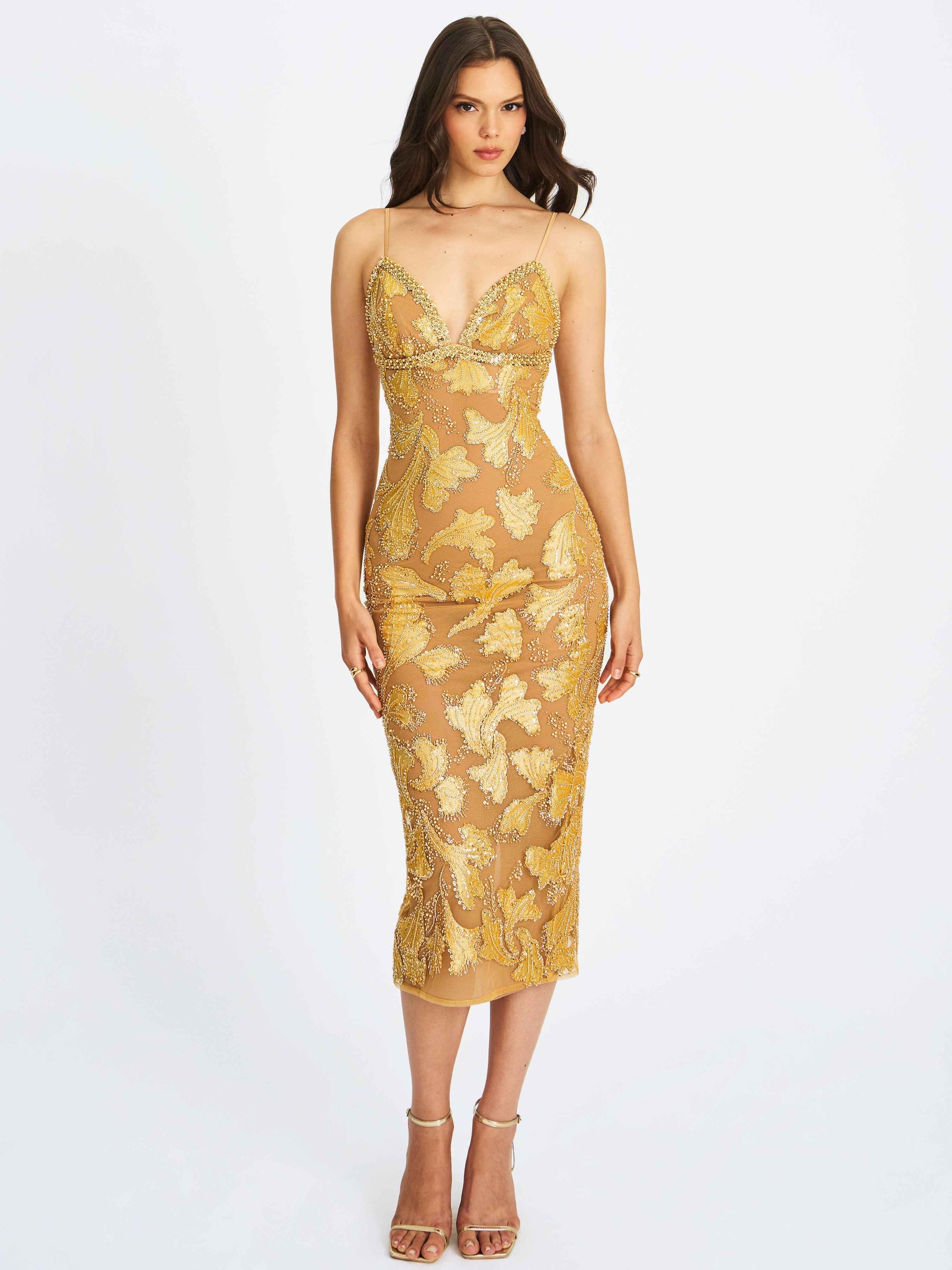 Edie Gold Beaded Sequin Midi Pencil Dress