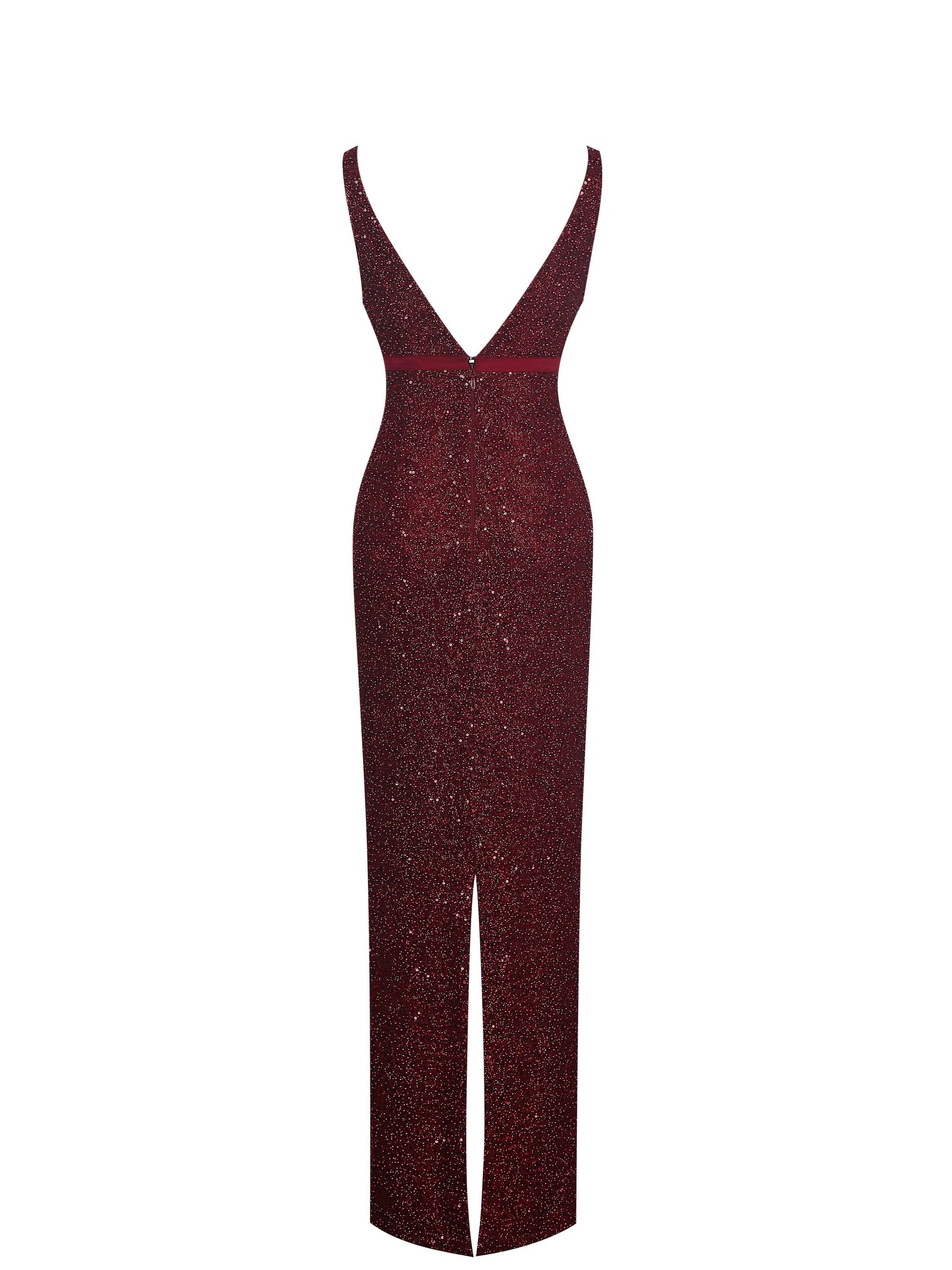 Elora Crimson Sequin Beaded Keyhole Maxi Dress