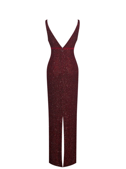 Elora Crimson Sequin Beaded Keyhole Maxi Dress