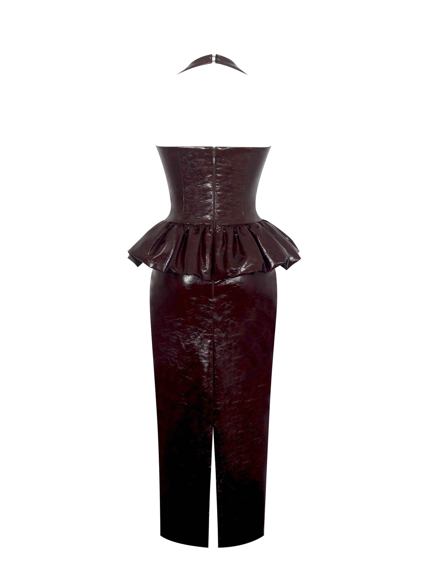 Jaslene Mahogany Ruched Peplum Plunge Halter Midi Dress