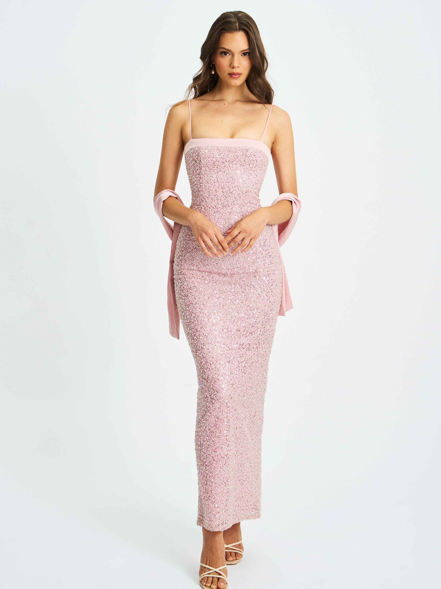 Raizel Pink Beaded Sequin Bodycon Gown with Scarf
