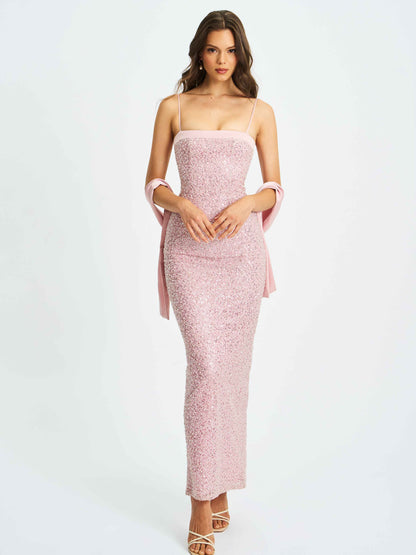 Raizel Pink Beaded Sequin Bodycon Gown with Scarf