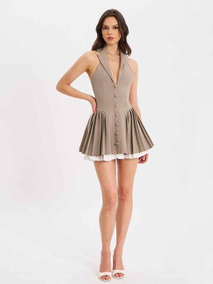 Hazel Brown Preppy Halter Neck Pleated Mini Dress