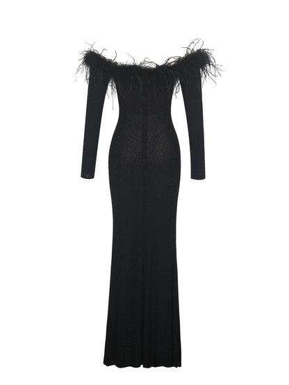 Emberly Black Fur Trimmed Off-Shoulder Rhinestone Mermaid Maxi Dress