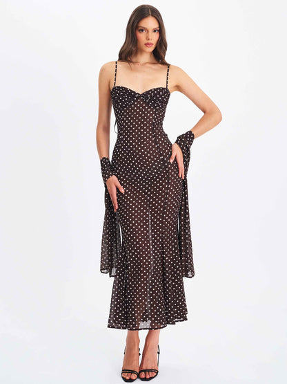 Yadira Brown Base Polka Dot Chiffon Maxi Dress