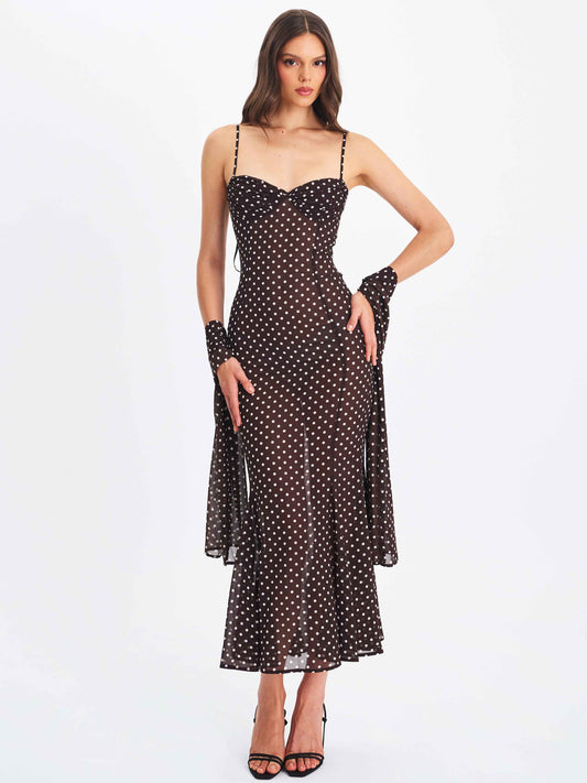 Yadira Brown Base Polka Dot Chiffon Maxi Dress