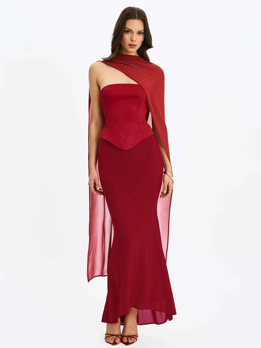 Giselle Crimson Peplum Mermaid Gown with Chiffon Scarf