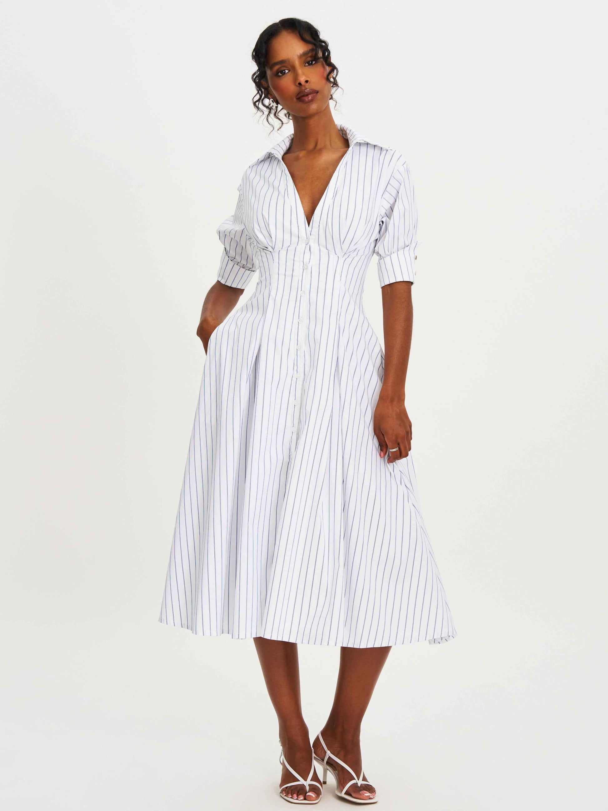Palina Pinstripes Cotton Poplin Pleated Midi Preppy Shirt Dress