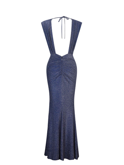 Terri Navy Sparkle Plunging Backless Maxi Dress