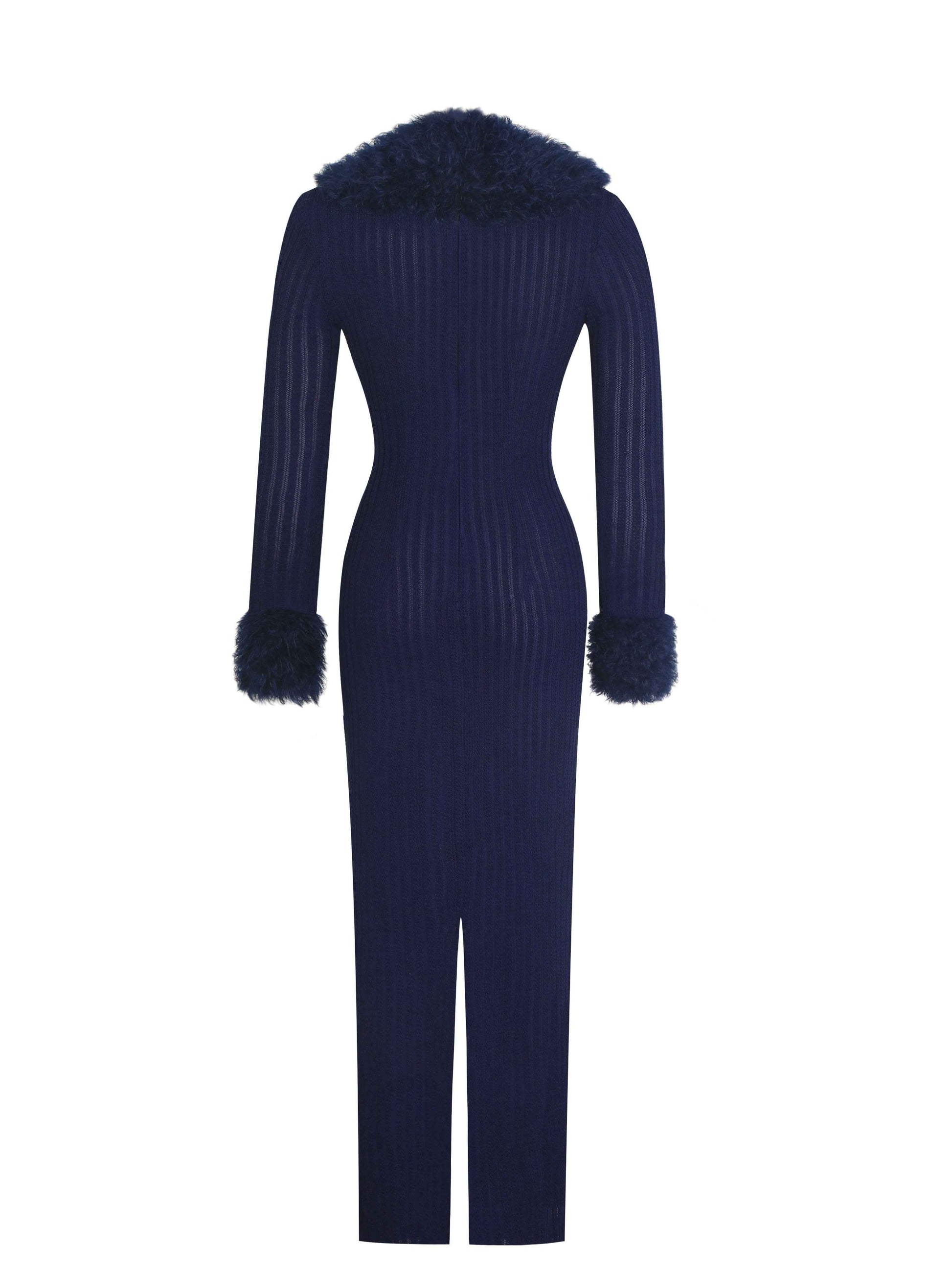 Romina Navy Plunging Fur Trimmed Crochet Maxi Dress
