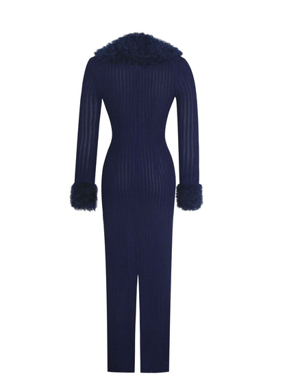 Romina Navy Plunging Fur Trimmed Crochet Maxi Dress