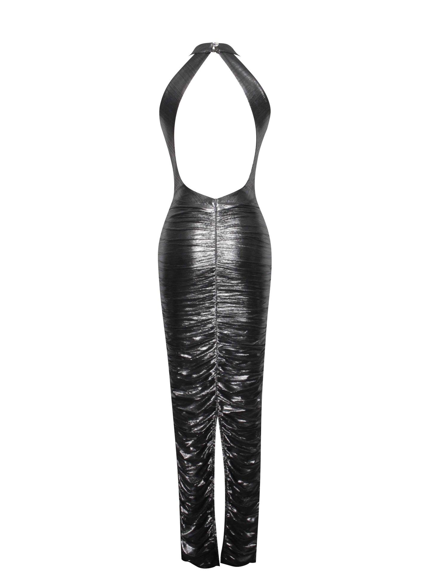 Abril Ruched Silver Glitter Backless Gown