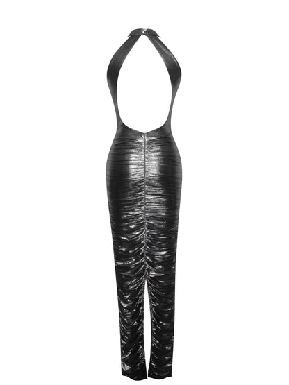 Abril Ruched Silver Glitter Backless Gown