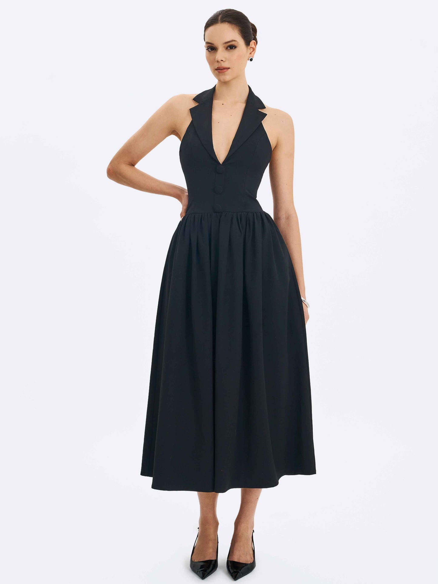 Delaney Black Lapel Halter Midi A-Line Dress