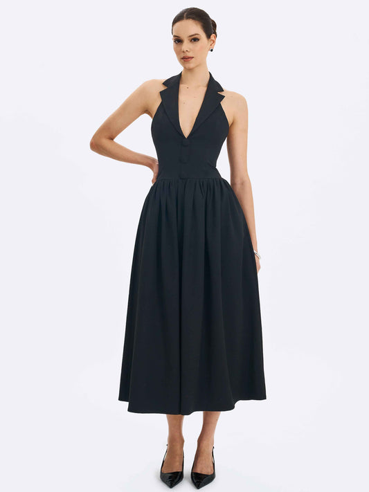 Delaney Black Lapel Halter Midi A-Line Dress