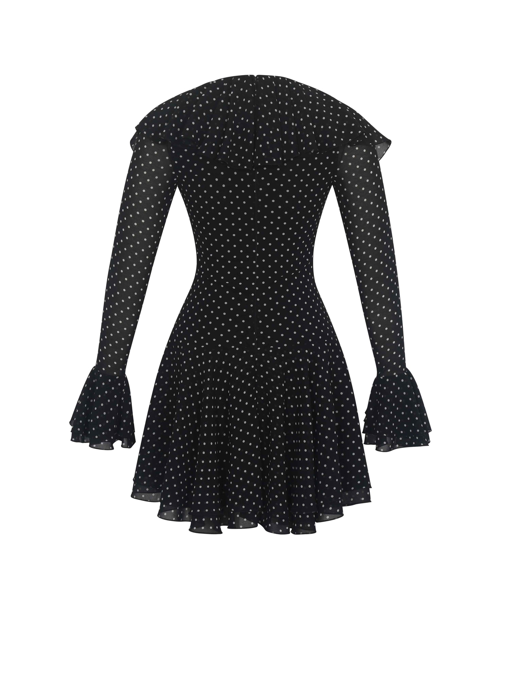 Omari Black Chiffon Polka Dot Ruffled Neckline Mini Dress