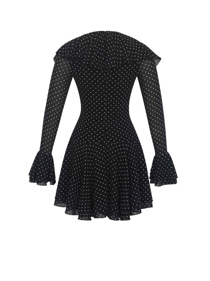Omari Black Chiffon Polka Dot Ruffled Neckline Mini Dress