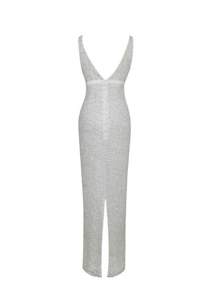 Adelaide White Beaded Sequin Net Bodycon Gown