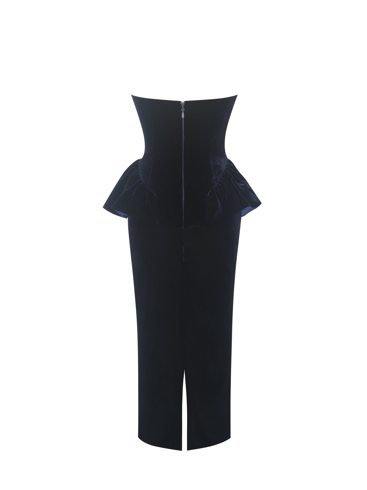 Pascha Black Lace Appliqué Strapless Peplum Midi Dress