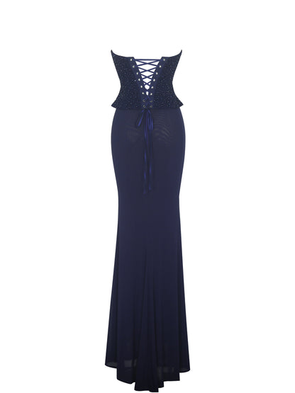 Orabelle Navy Beaded Peplum Mermaid Maxi Gown with Lace-up Back