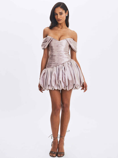 Milena Champagne Ruched Asymmetrical Bubble Mini Dress