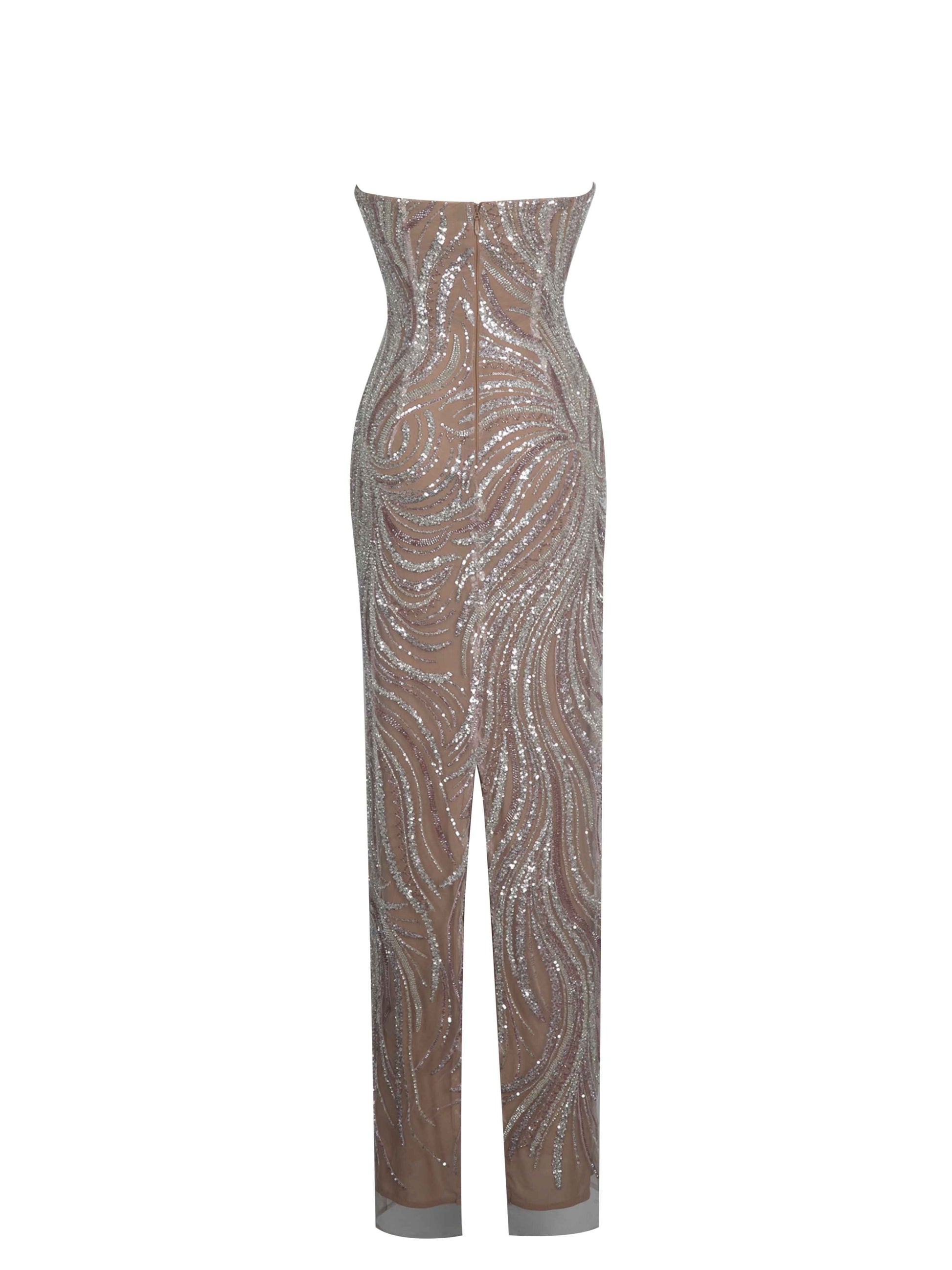 Quinci Apricot Beaded Sequin Sweetheart Maxi Dress