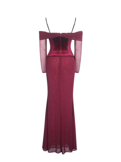 Maybelle Magenta Bardot Lace Strap Peplum Maxi Dress