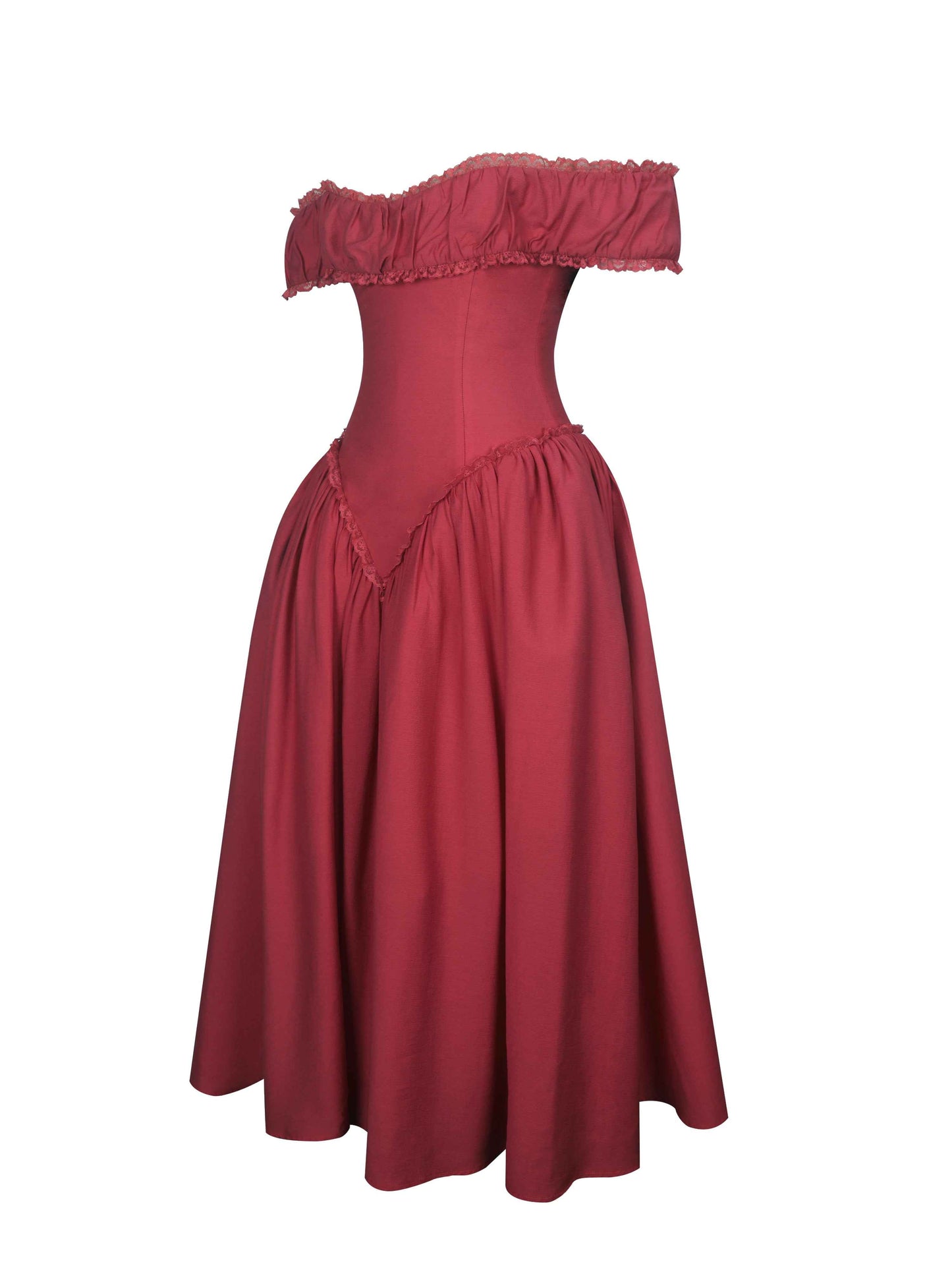 Xavy Crimson Off-Shoulder Corset Midi Dress