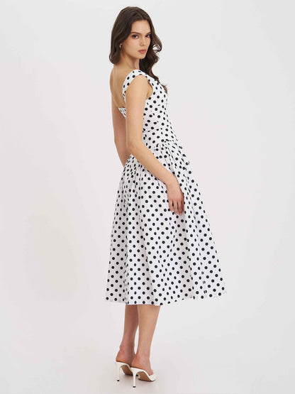 Rahma Polka Dot Drop Waist Midi Cotton Poplin Dress