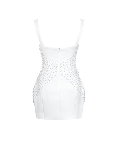 Tais Pearl Beaded Cocoon Shape Sleeveless Mini Dress